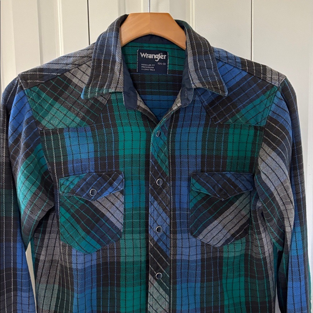 Wrangler Shirt Wrancher Mens 15.5 Tails xlong Pearl Snap Flannel green‎ irish